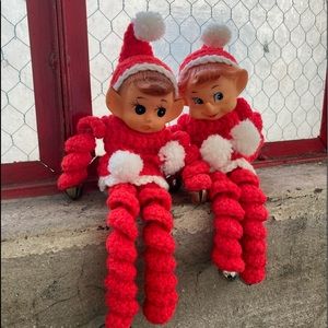 Vintage crocheted Christmas elves with bells.